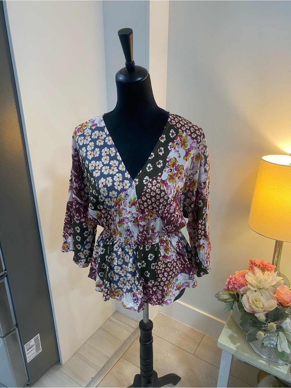 ANDREE BY UNIT Floral Patchwork V-Neck Blouse — Green, Burgundy, Cream